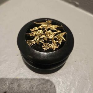 3" Black Plastic Trinket Box Jewelry Box  with Gold Floral Decoration on Lid